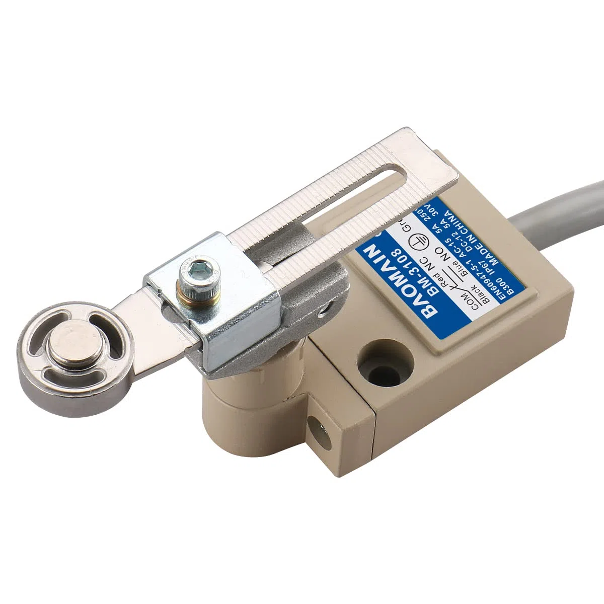 Baomain BM-3108 Interruptor de límite, émbolo de rodillo ajustable, contacto momentáneo NA+NC, resistencia al agua IP67, TZ-3108