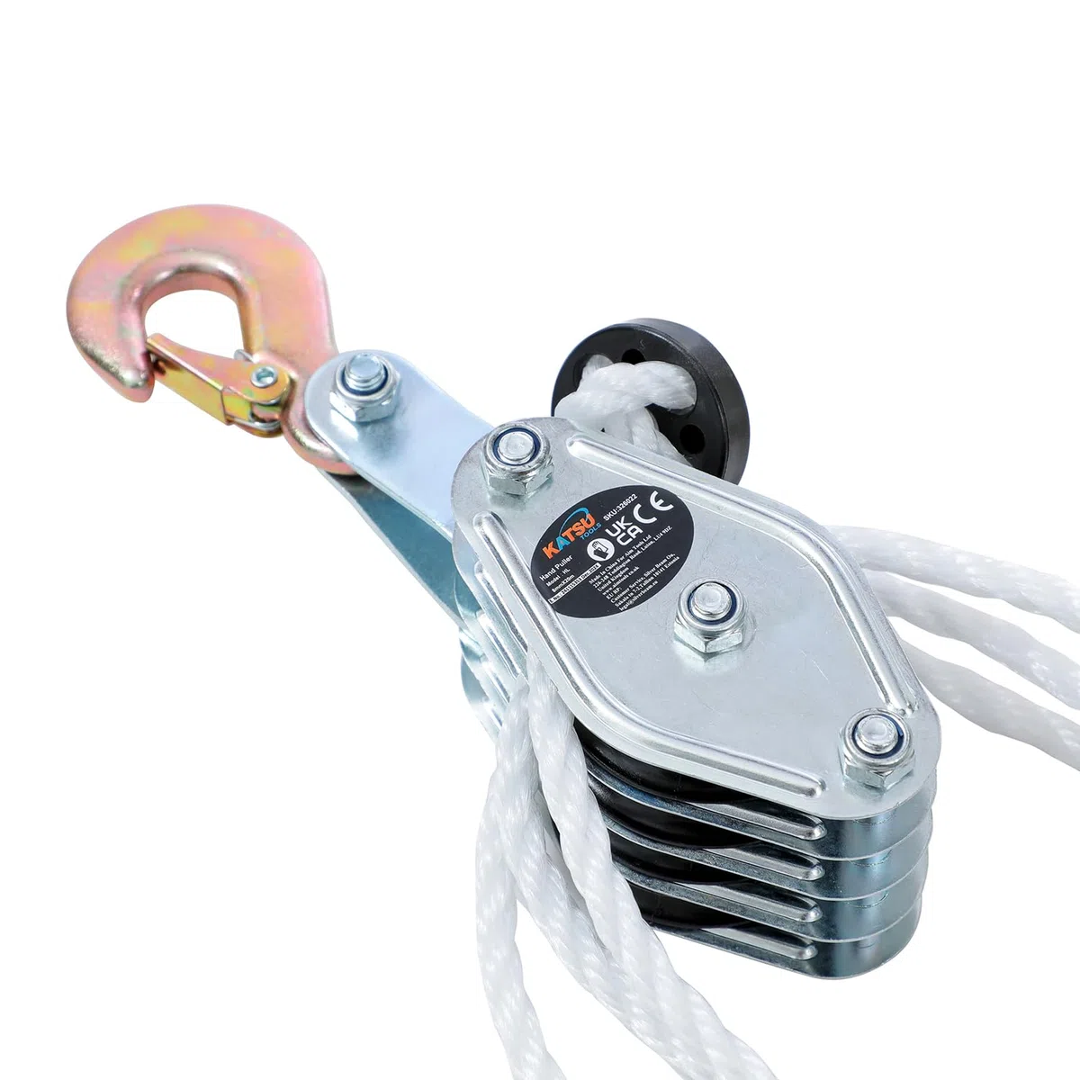 KATSU Tools Sistema de Poleas para Elevación, Capacidad de Rotura 4400lbs, Cuerda de Nylon 20m x 8mm, Ganchos de Acero, para Garaje y Construcción