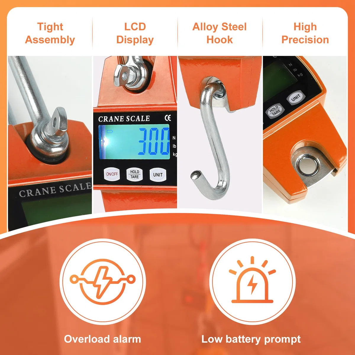 EFUTURETIME Báscula Digital Colgante 300kg, Báscula de Grúa Electrónica Industrial de Industrial con Sensor Preciso y LCD Portátil para Caza, Pesca, Granjas, Fábricas y Muelles, Naranja