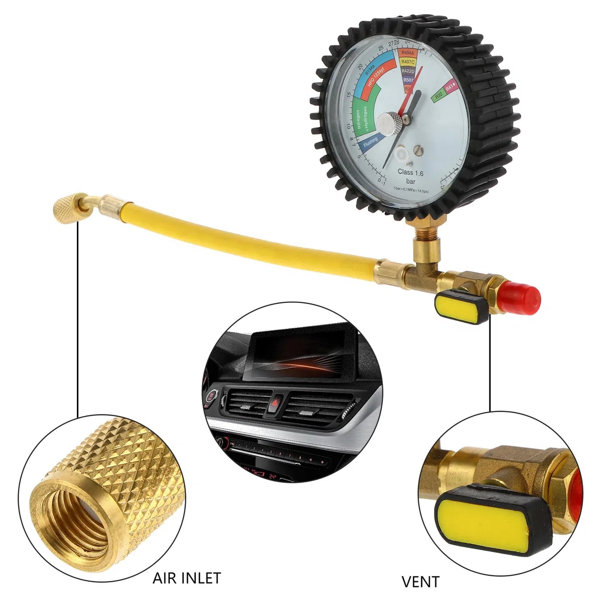 Ciieeo Medidor de Presión de Nitrógeno para Aire Acondicionado y Refrigeración Válvula Esférica de Latón y Pantalla Grande para Pruebas de Presión en Coches