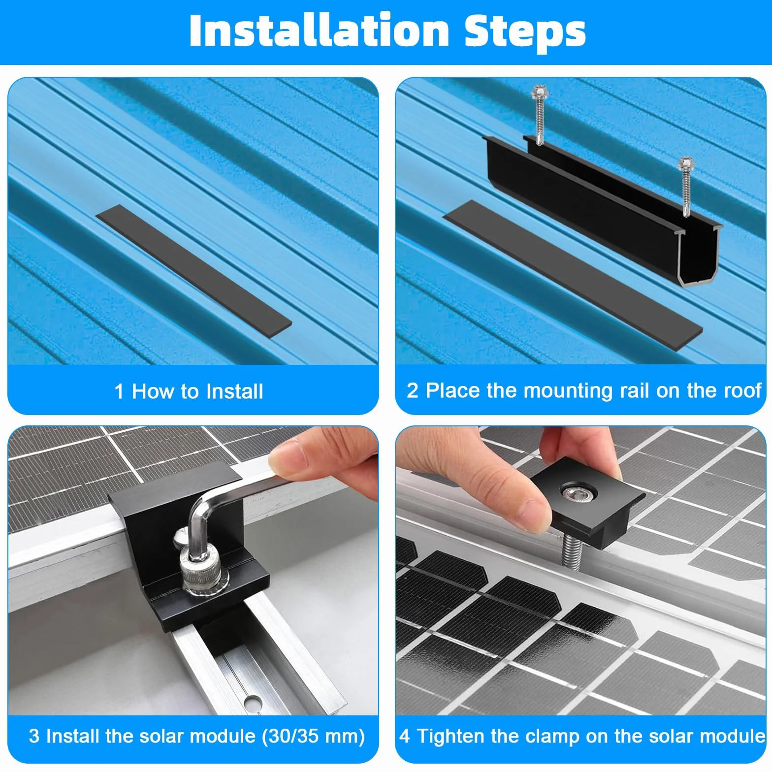 Soporte para módulo solar para 2 módulos, rieles de perfil de aluminio de 12 cm + abrazadera ajustable para módulos de 30-35 mm de grosor, kit de montaje de panel solar para techo plano de chapa